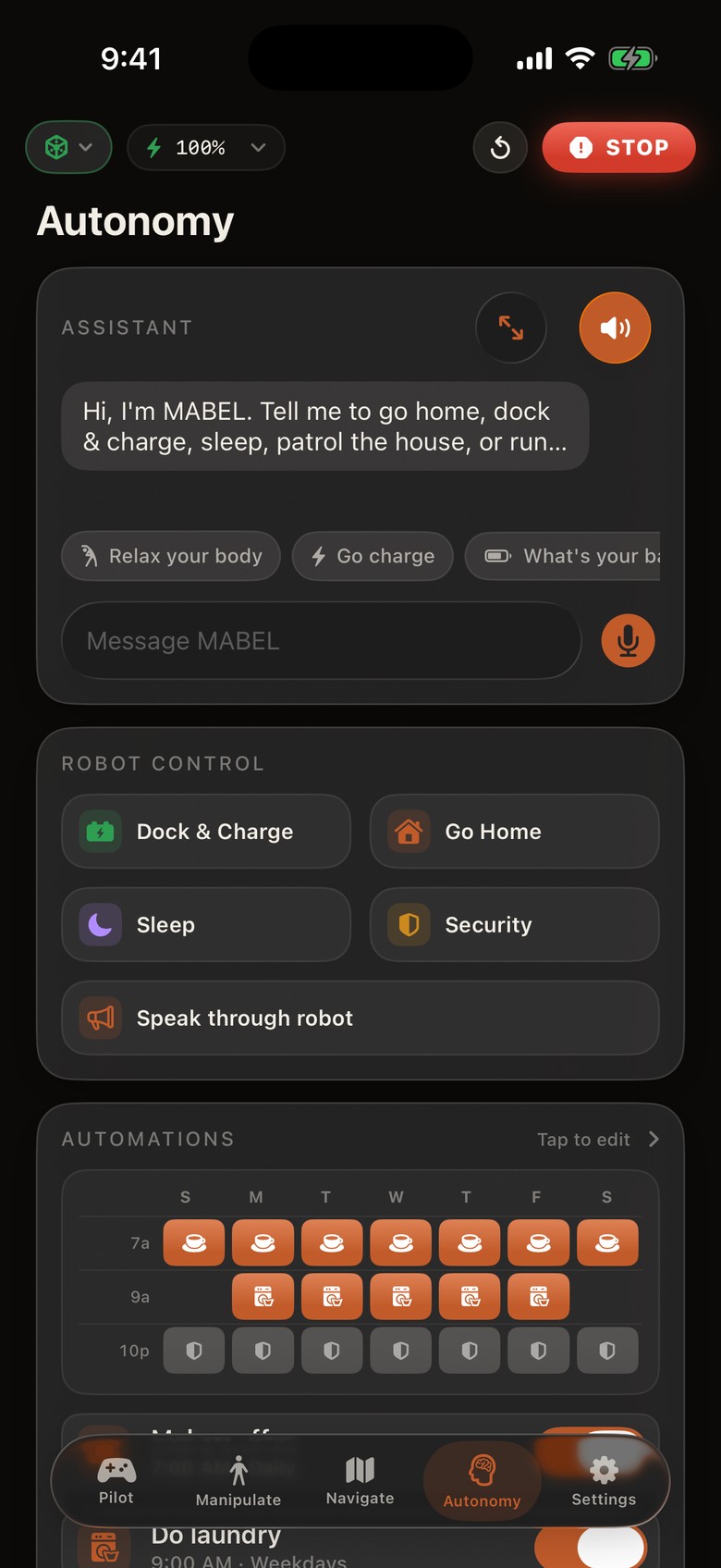 Real iOS-simulator capture — Autonomy tab: assistant chat, robot quick actions, weekly automations and a skill library