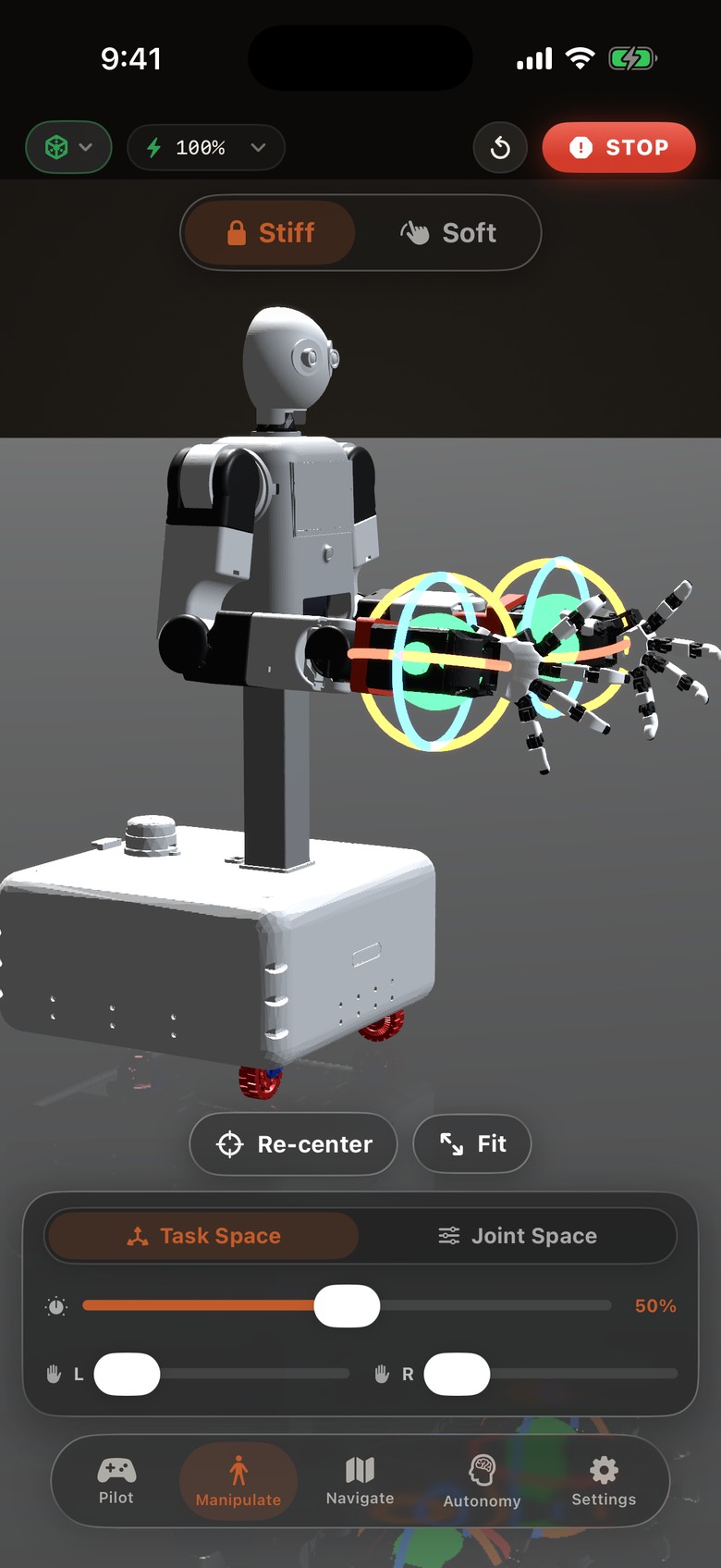 Real iOS-simulator capture — Manipulate tab: the live 3D twin with Stiff/Soft feel, Task/Joint space, stiffness and grip sliders