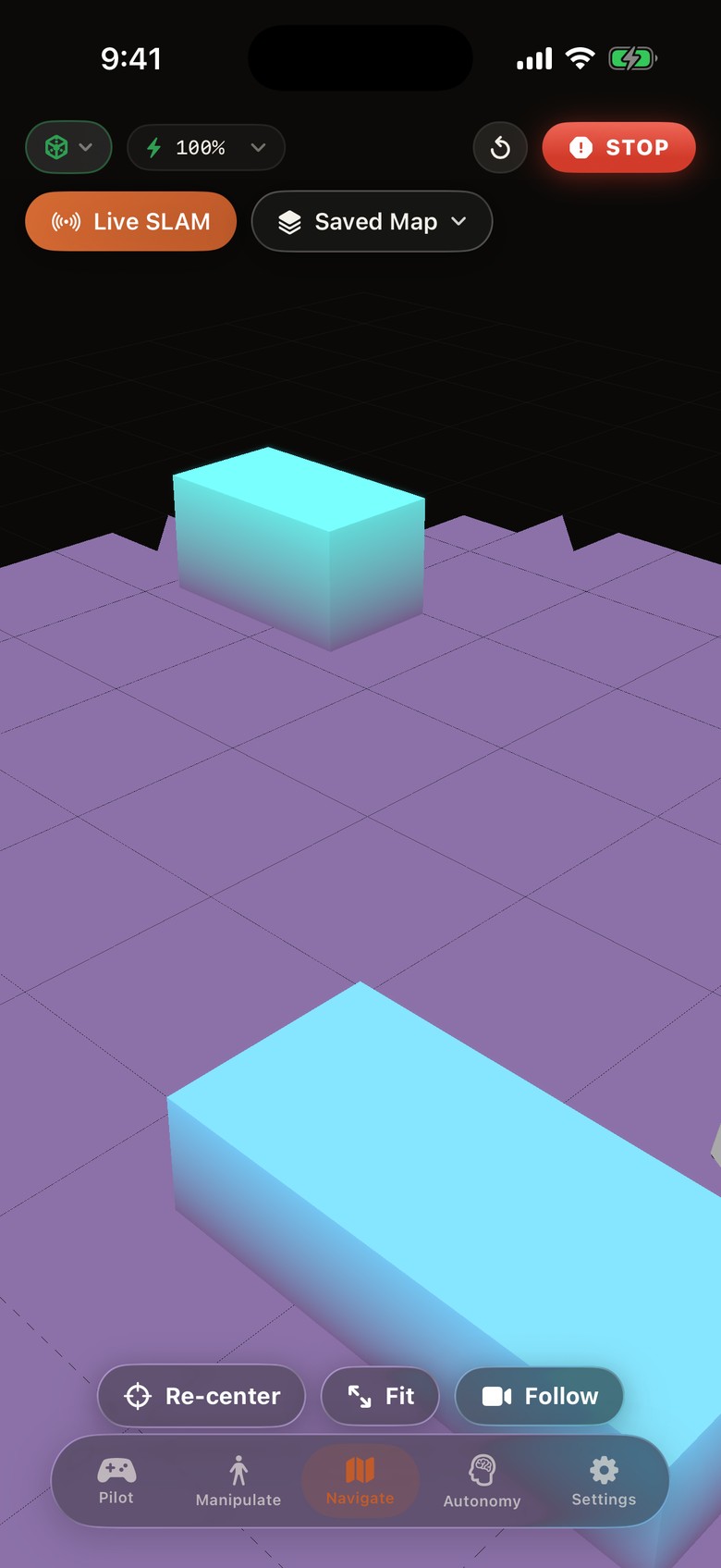 Real iOS-simulator capture — Navigate tab: a live SLAM map with obstacles, Live SLAM toggle and saved maps