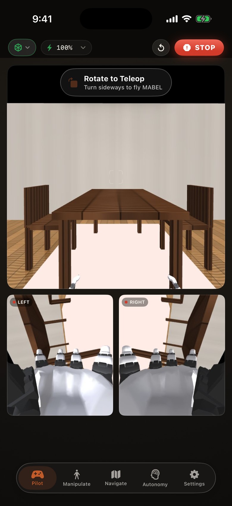 Real iOS-simulator capture — Pilot tab: the live head camera with left and right wrist feeds, speed governor, record, and an always-present STOP
