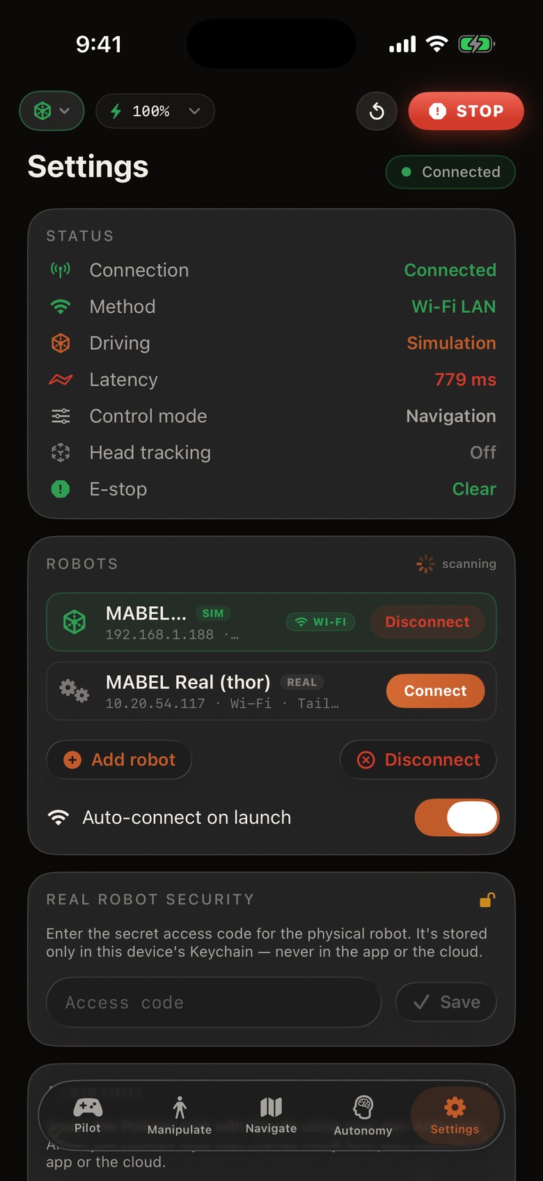 Real iOS-simulator capture — Settings tab: connection status, robots list, real-robot security and access code