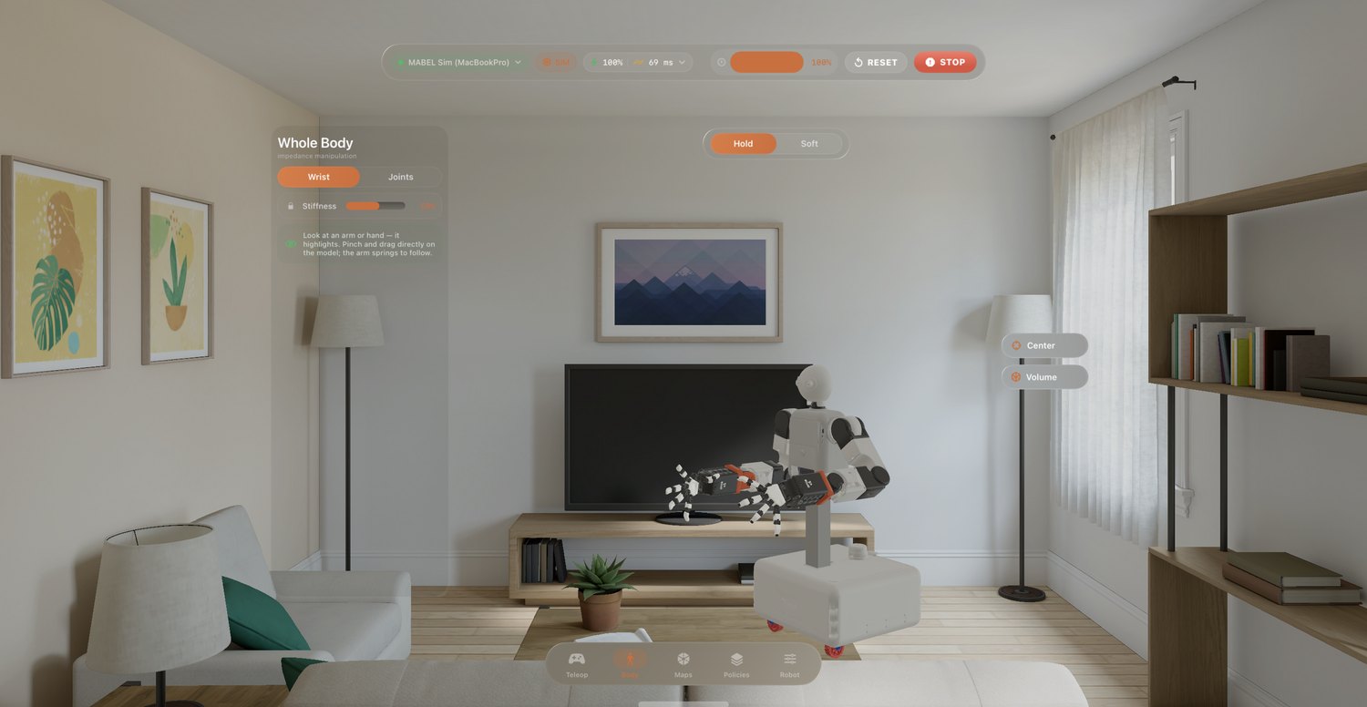Real visionOS-simulator capture — Body tab: Hold/Soft and Wrist/Joints controls beside the live 3D digital twin standing in the room