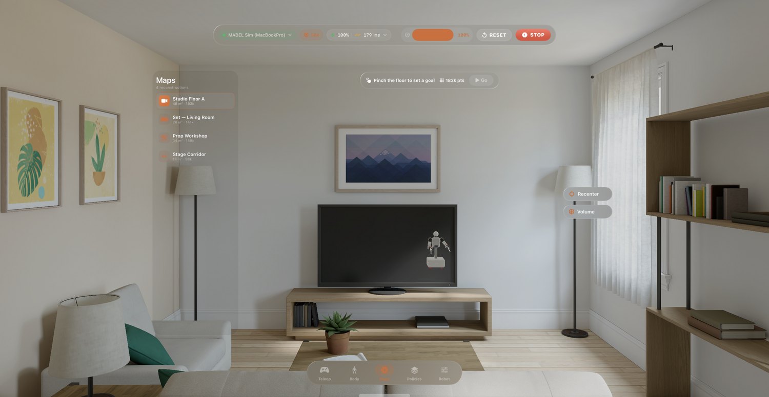Real visionOS-simulator capture — Maps tab: saved room reconstructions and pinch-the-floor goal setting