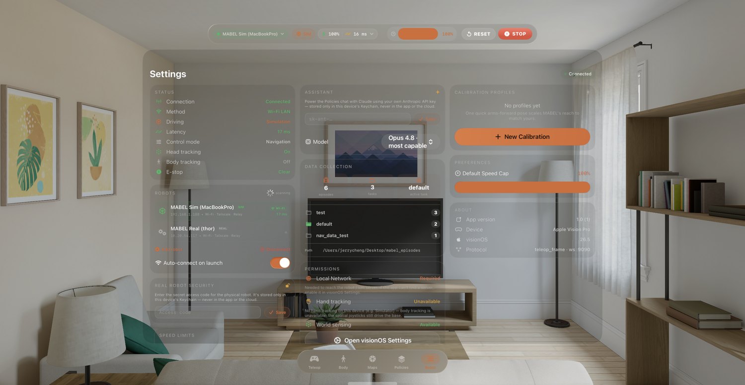 Real visionOS-simulator capture — Robot tab: connection, model picker, calibration, speed caps and permissions