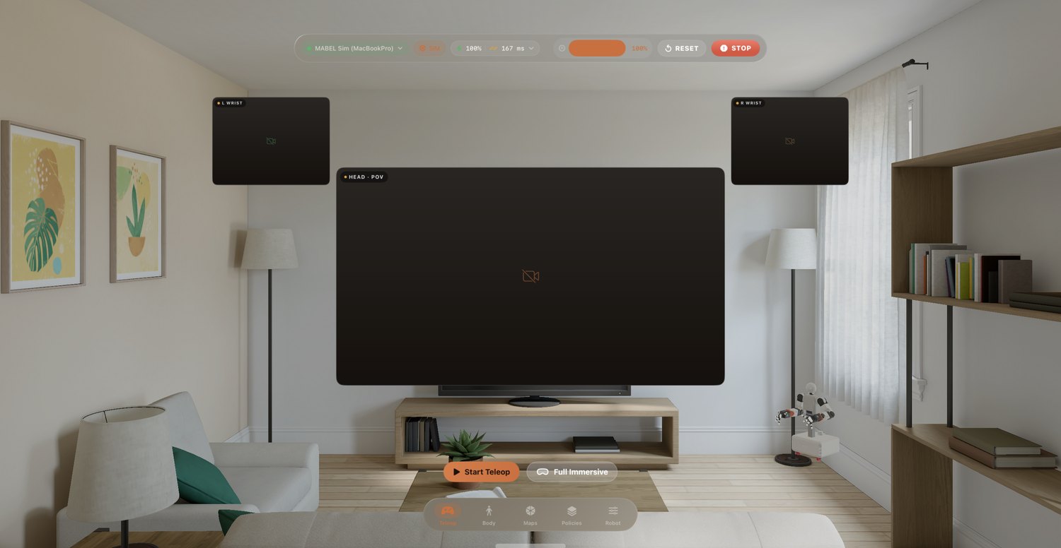 Real visionOS-simulator capture — Teleop tab floating in a room: head-POV and wrist-cam panels, Start Teleop, and the glass tab bar